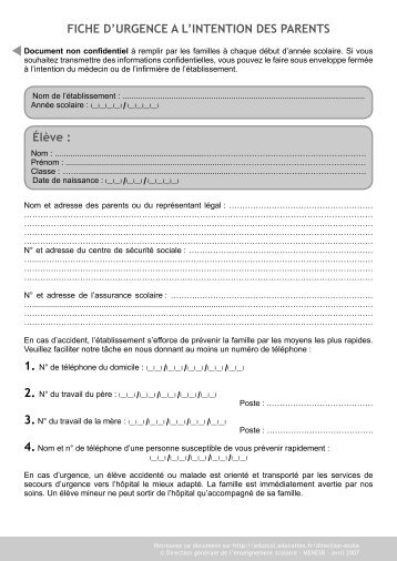 Fiche d'urgence à l'intention des parents