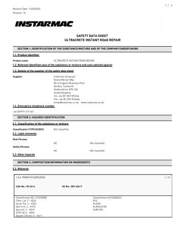 Ultracrete Instant Road Repair Safety Data Sheet - Durey Castings