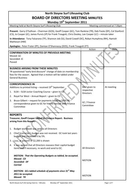 BOARD OF DIRECTORS MEETING MINUTES - North Steyne SLSC