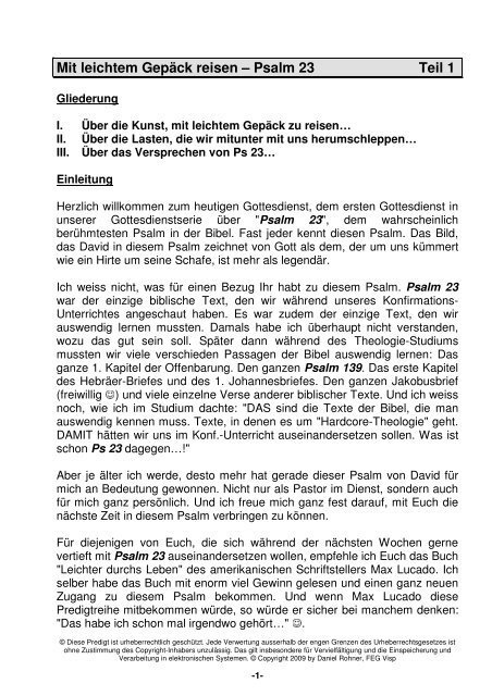 Mit leichtem GepÃ¤ck reisen â Psalm 23 Teil 1 - FEG Visp