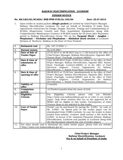 RAILWAY ELECTRIFICATION, LUCKNOW TENDER NOTICE No ...