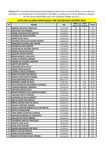 lista dos alunos aprovados- prÃ© vestibular cidadÃ£o 2013 - Prefeitura ...