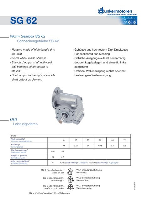 Worm Gearbox SG 62 Schneckengetriebe SG 62 ... - Dunkermotoren
