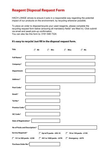 Reagent Disposal Request Form - Hach Lange