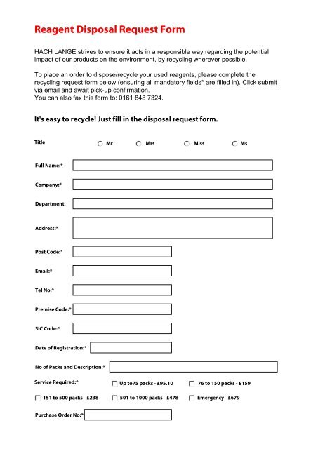 Reagent Disposal Request Form - Hach Lange