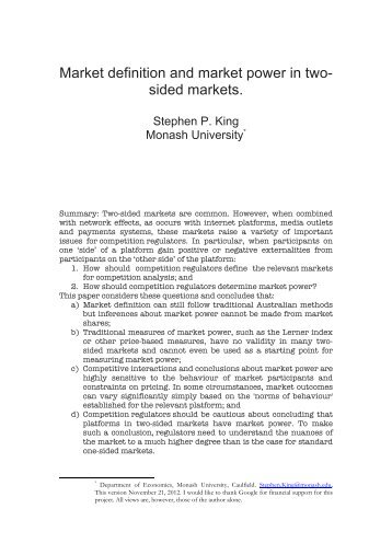 Market definition and market power in two- sided markets.