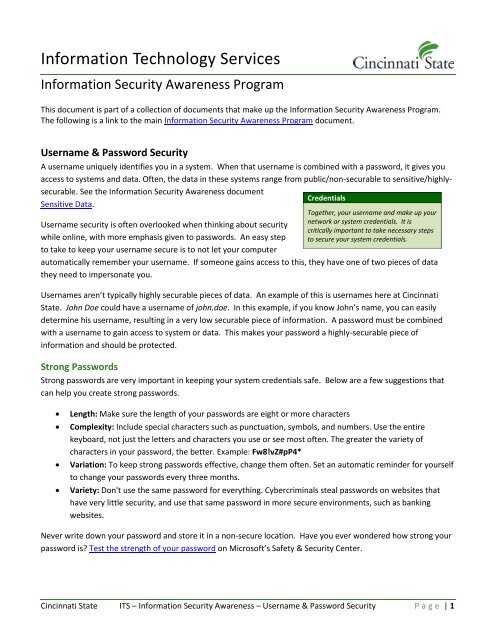 Username and Password Security - Cincinnati State