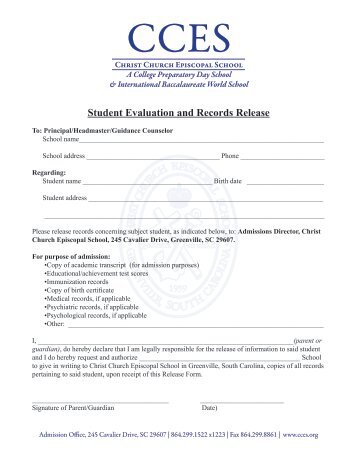 Records Release Form - Christ Church Episcopal School