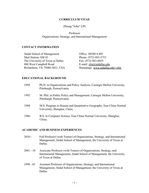 CURRICULUM VITAE Zhiang "John" LIN Professor Organizations