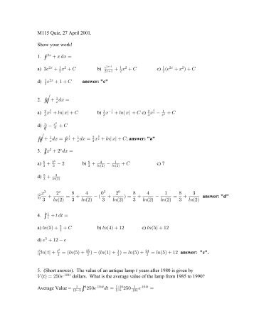 M115 Quiz, 27 April 2001. Show your work! 1. '/ €B ... - Bradley Bradley