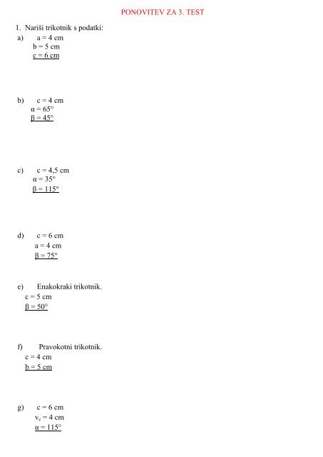 PONOVITEV ZA 3. TEST 1. Nariši trikotnik s podatki: a) a = 4 cm b ...