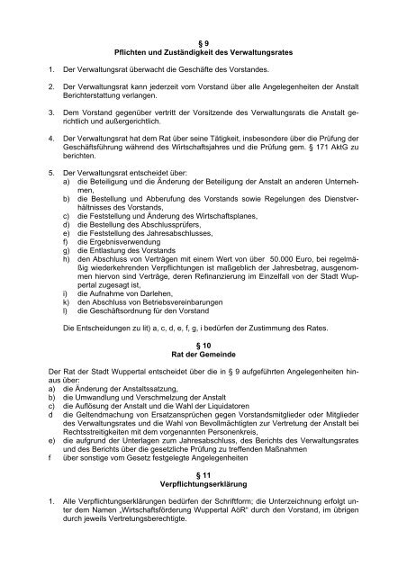 Satzung für die „Wirtschaftsförderung Wuppertal ... - Stadt Wuppertal