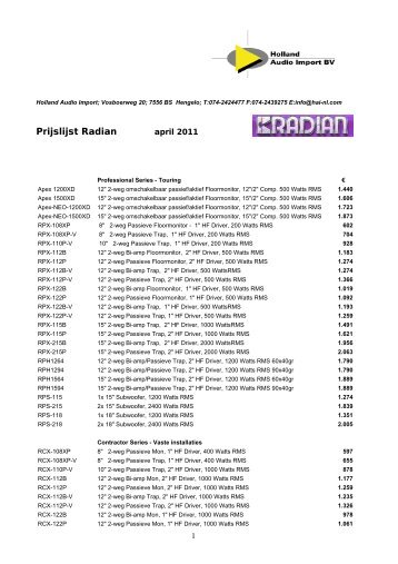 Prijslijst Radian - Holland Audio Import