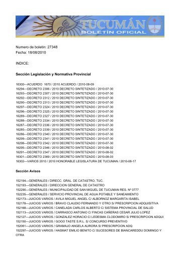 Numero de boletin: 27348 Fecha: 18/08/2010 INDICE: SecciÃ³n ...