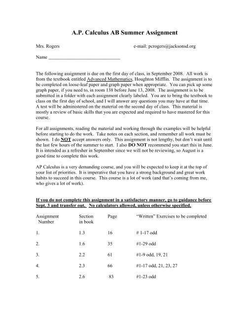 AP Calculus AB Summer Assignment - Jackson Memorial High School