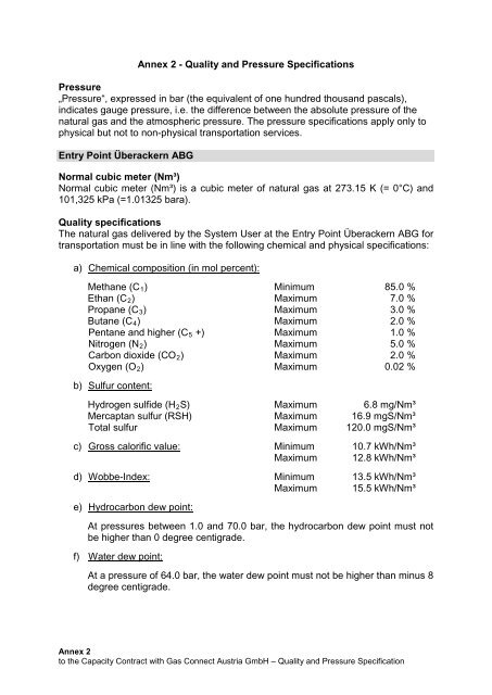 Annex 2 - Quality and Pressure Specifications - Gas Connect Austria