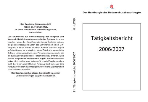 21. Tätigkeitsbericht des Hamburgischen Datenschutzbeauftragten ...