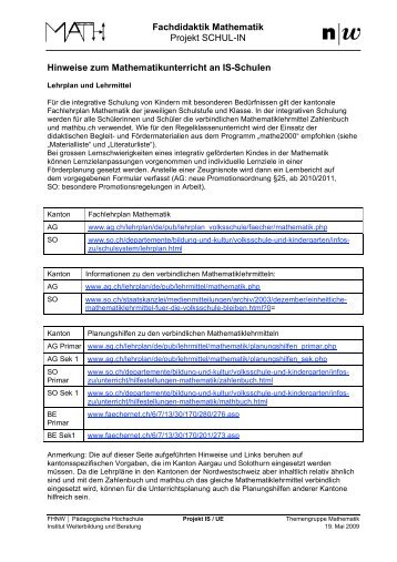 Fachdidaktik Mathematik Projekt SCHUL-IN Hinweise zum ...