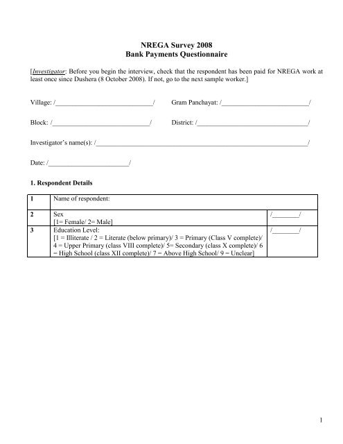 NREGA Survey 2008 Bank Payments Questionnaire - Right to Food ...