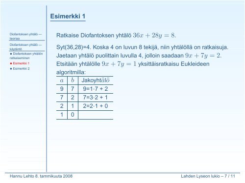 Diofantoksen yhtälö - Lahti