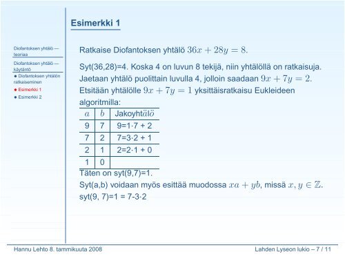 Diofantoksen yhtälö - Lahti