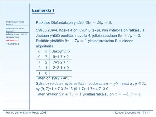 Diofantoksen yhtälö - Lahti