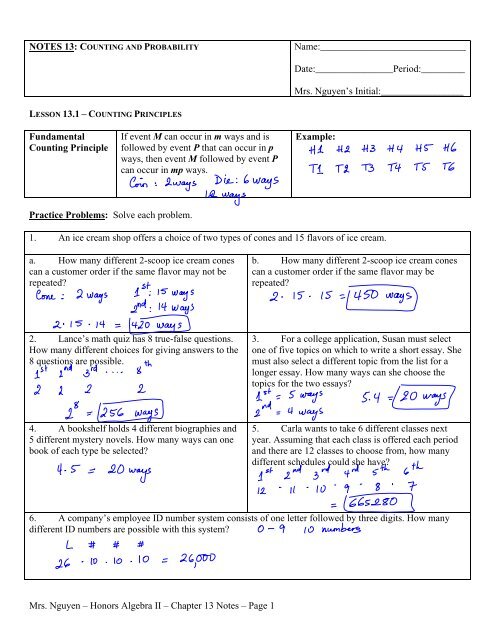 Mrs. Nguyen â Honors Algebra II â Chapter 13 Notes ... - Teacher