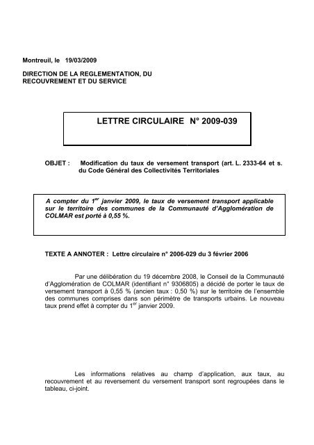 LETTRE CIRCULAIRE NÂ° 2009-039 - Urssaf