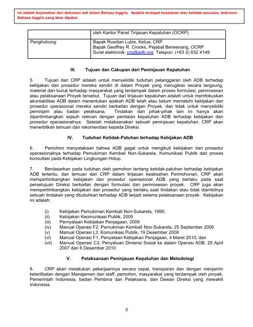 1 Permohonan CRP No. 2012/1 - ADB Compliance Review Panel