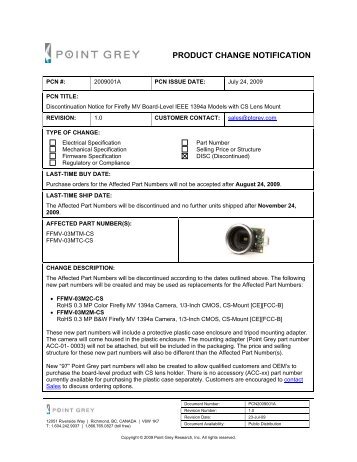PCN2009001A - Discontinuation - Firefly MV Board-Level 1394a w