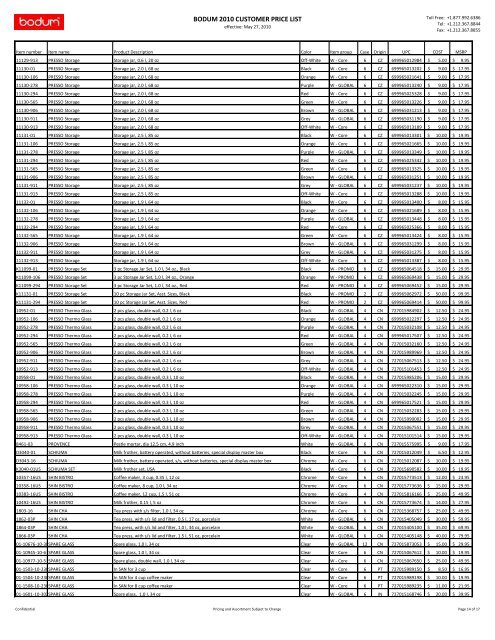 BODUM 2010 CUSTOMER PRICE LIST