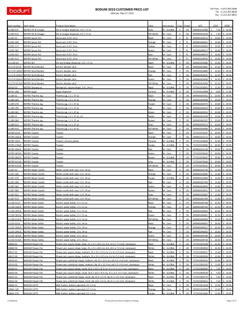 BODUM 2010 CUSTOMER PRICE LIST