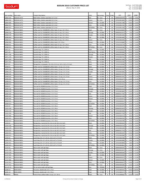 BODUM 2010 CUSTOMER PRICE LIST