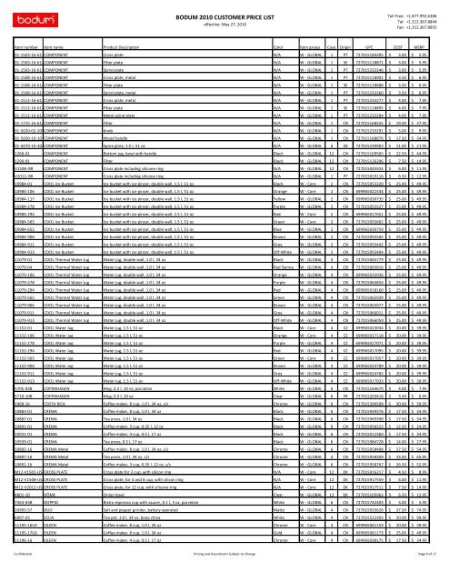 BODUM 2010 CUSTOMER PRICE LIST