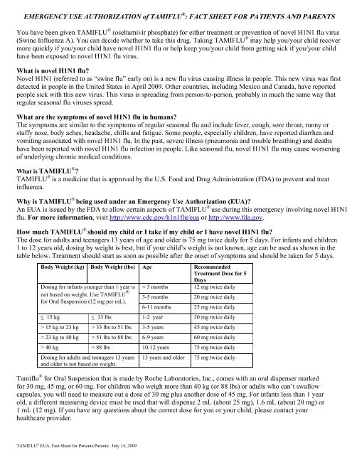 Tamiflu Patients and Parents Fact Sheet