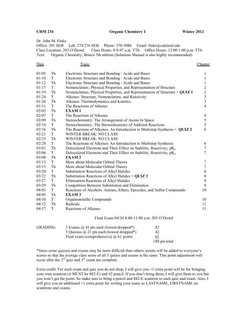 CHM 234 Organic Chemistry I Winter 2012 Dr. John M. Finke Office ...