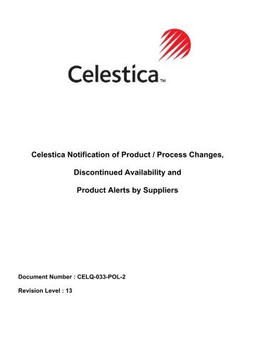 Celestica Notification of Product / Process Changes, Discontinued ...