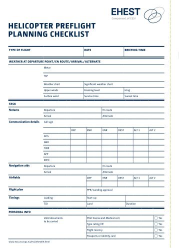 EHEST Pre-flight planning Checklist