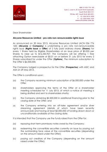 Rights Issue - Letter to Ineligible Shareholders - Alcyone Resources