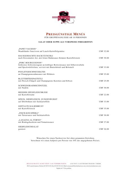 preisgünstige menüs - Hotel Restaurant Schützen (Lauterbrunnen)