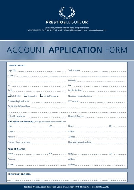 Account Application Form (.pdf) - Prestige Leisure