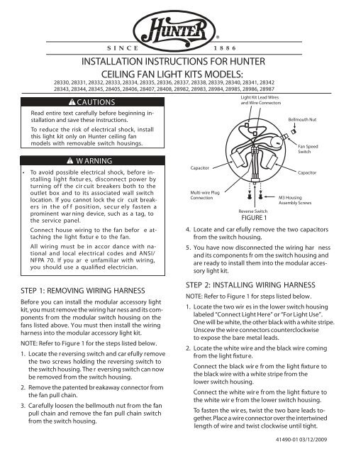Installation Instructions For Hunter, Ceiling Fan Light Kit Installation