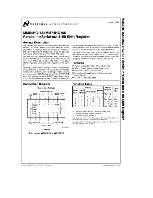 MM54HC165/MM74HC165 Parallel-in/Serial-out 8-Bit Shift Register