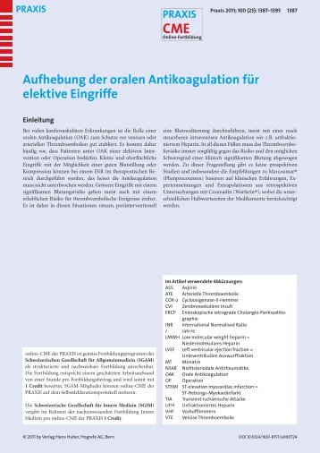 Aufhebung der oralen Antikoagulation fÃ¼r elektive ... - Spital Uster