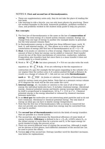 NOTES 8: First and second law of thermodynamics. â¢ These are ...