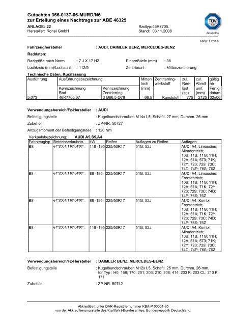 Gutachten 366-0137-06-MURD/N6 zur Erteilung eines ... - autokola.cz