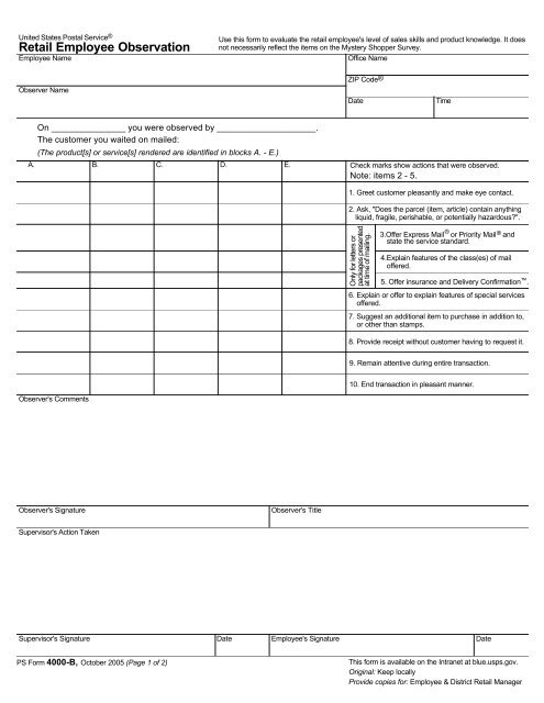 PS Form 4000-B, Retail Employee Observation - NALC Branch 78