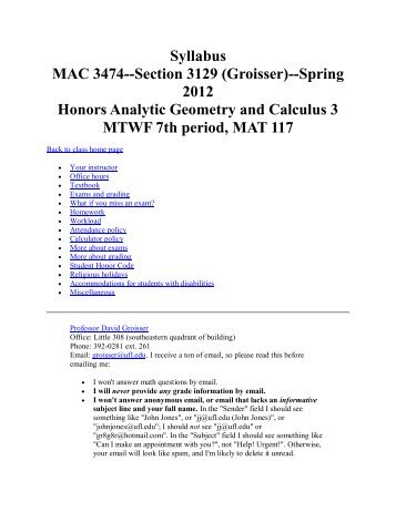 MAC 3474 Calculus 3 Groisser - University of Florida Honors Program