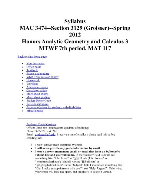 MAC 3474 Calculus 3 Groisser - University of Florida Honors Program