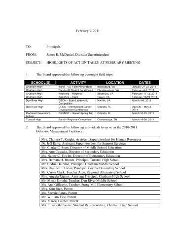 February 9, 2011 TO - Pittsylvania County Schools